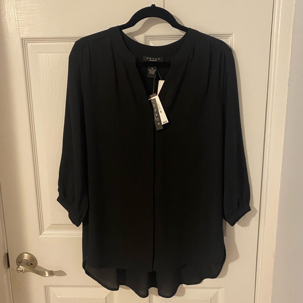 Grace Black 3/4 Sleeve Relaxed Blouse with Mandarin Collar